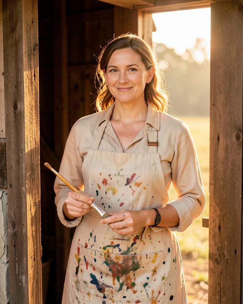 The artist in a paint-stained apron standing in the barn doorway