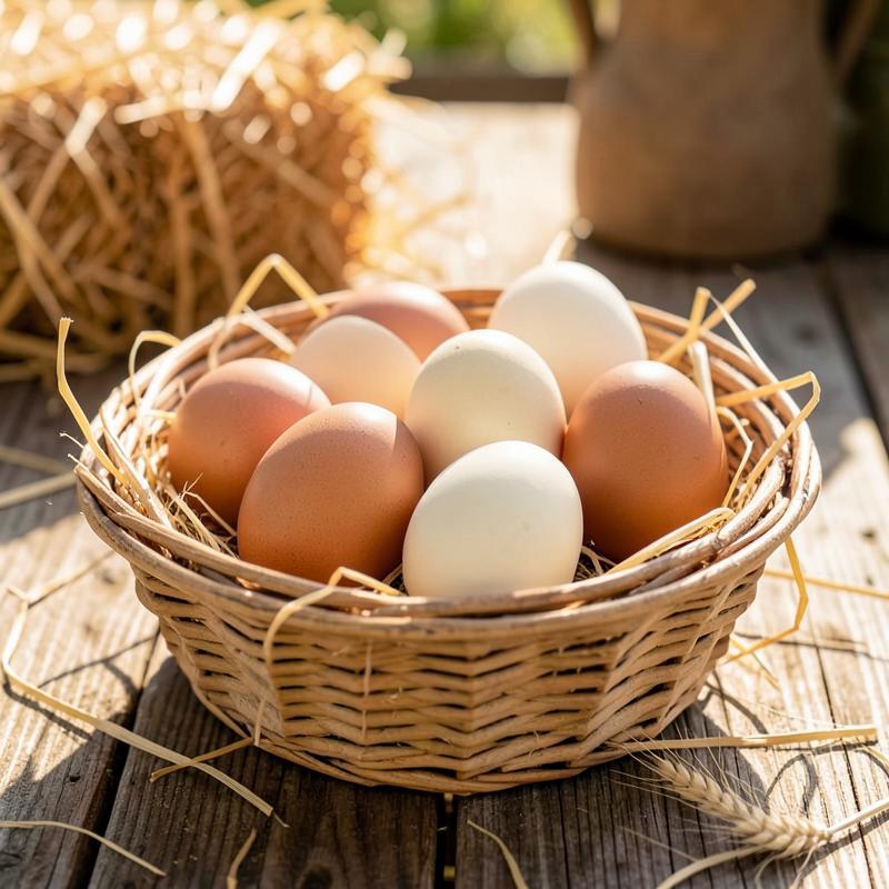 Basket of brown and cream farm fresh eggs on a wooden table
