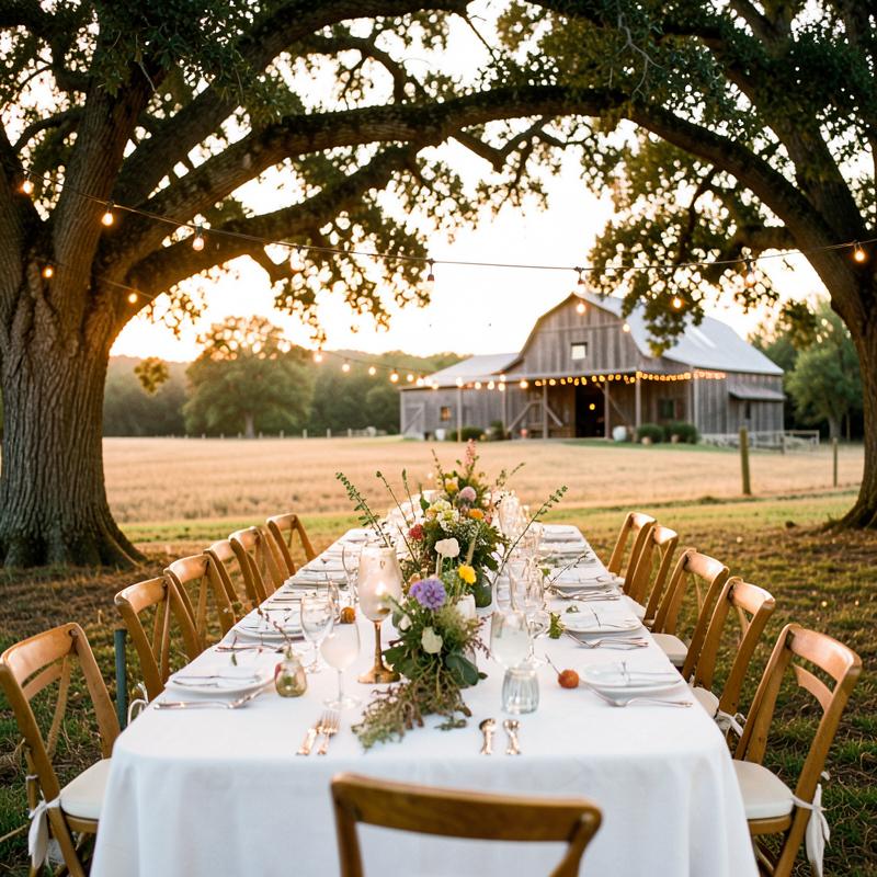 Long table set for dinner under oak trees with string lights and a barn beyond