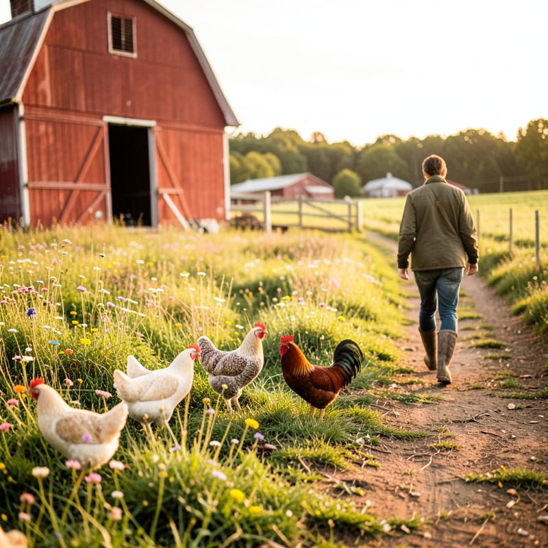 Chickens in a wildflower meadow beside a red barn