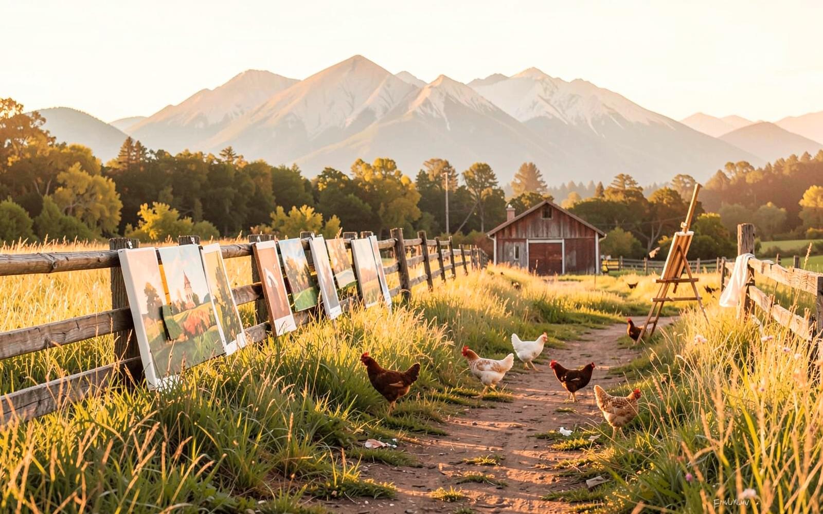 Canvases drying on a farm fence with chickens, an easel and mountains in golden light
