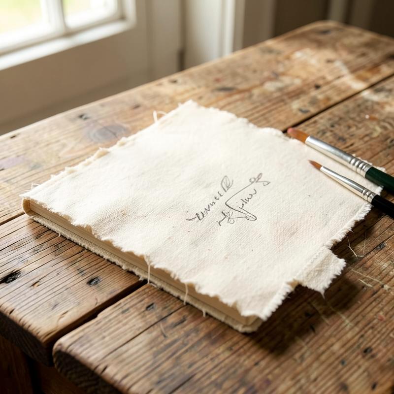 Hand-bound linen sketchbook on a paint-flecked wooden table